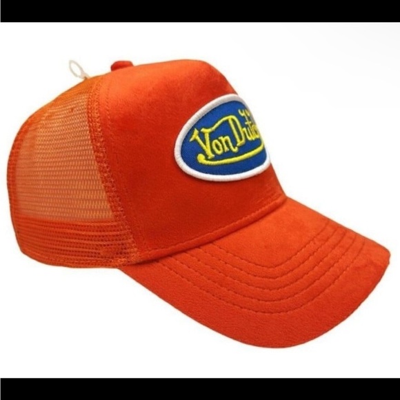 Von Dutch Hollywood Patch Orange VELVET Trucker Hat| Adjustable/Snapback|NEW/NWT